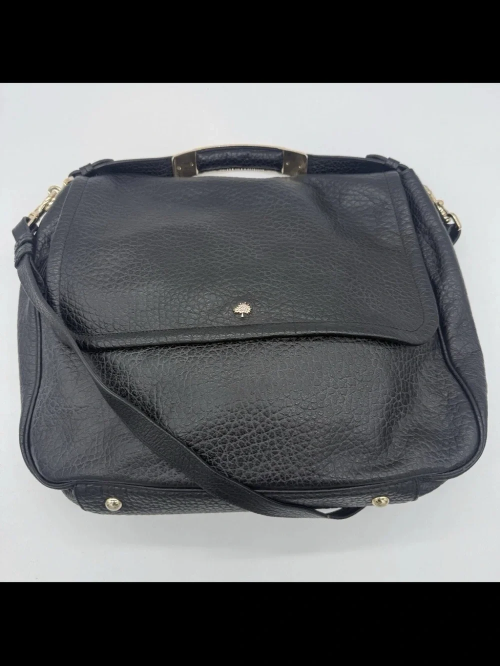Mulberry Black Pebbled Leather Messenger Bag with Gold Accents